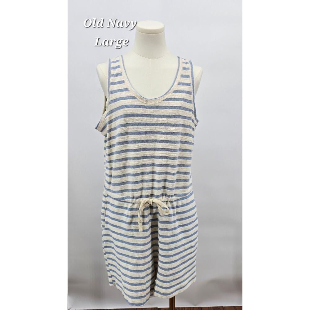 Old Navy Blue White Striped Romper Large Cotton Terry Drawstring Waist Coastal